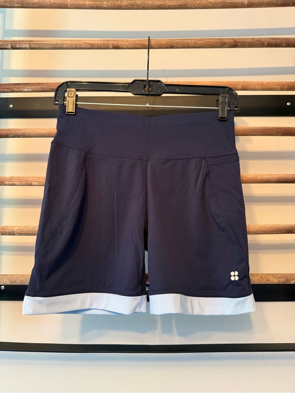 Sweaty Betty Navy 6” Bike Shorts with Light Blue Trim